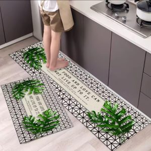 Set 2 Alfombra de cocina antideslizante negro diseño hojas 120x45 y 60x45cms