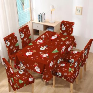 set mantel rectangular + 6 funda de silla navidad diseño mono de nieve