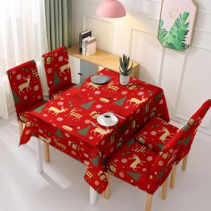 set mantel rectangular + 8 funda de silla navidad diseño rojo renos