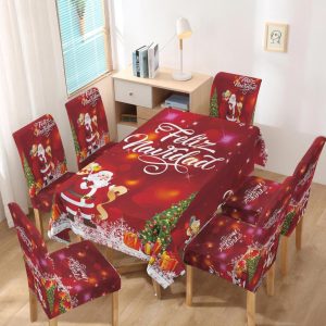 set mantel rectangular + 6 funda de silla navidad diseño rojo santa