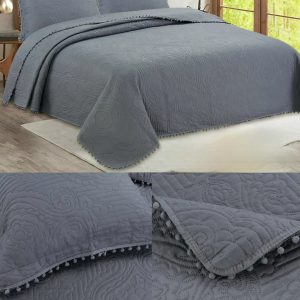 Cubrecama quilt cama superking con pompones en bordes diferentes colores lisos